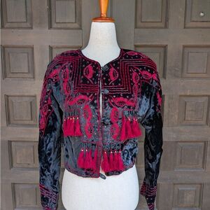 Vintage 90s Scott Taylor Black Velvet Jacket with Red Embroidery & Tassels